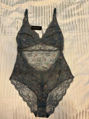 Samantha Chang Teal Lace Bodysuit with Blush Embroidery
